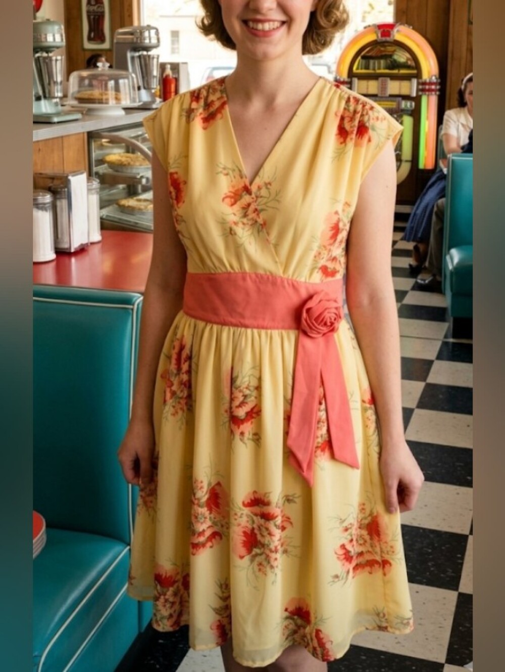 Yellow Floral Midi Dress with Coral Waist Sash(Sz6)Retro Vintage Swing Feminine